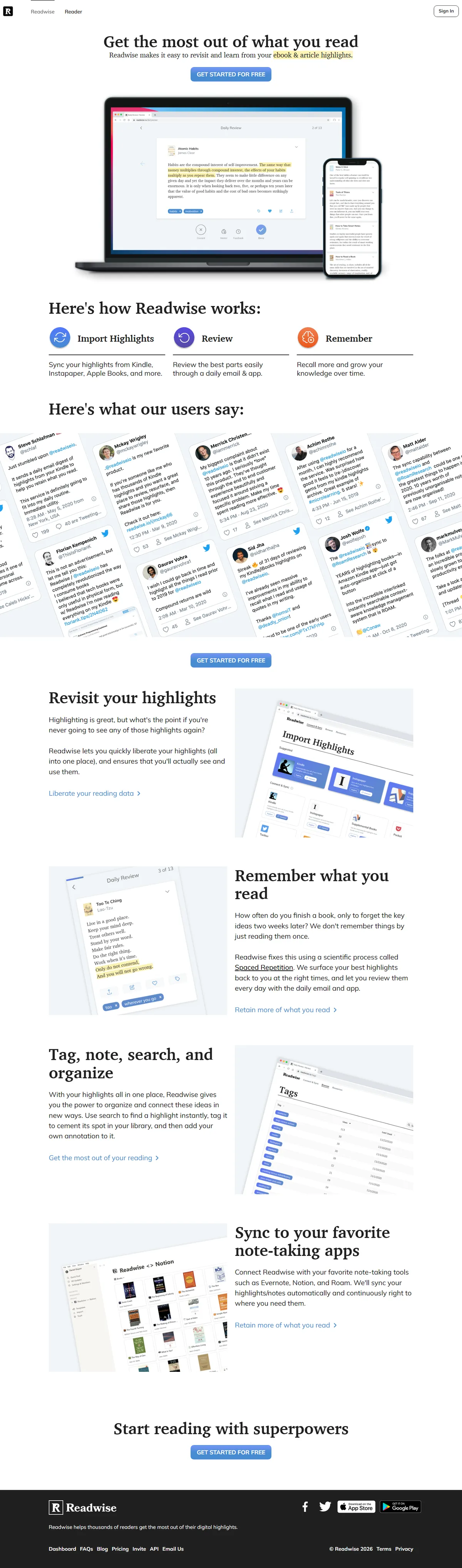 Full page of readwise.io