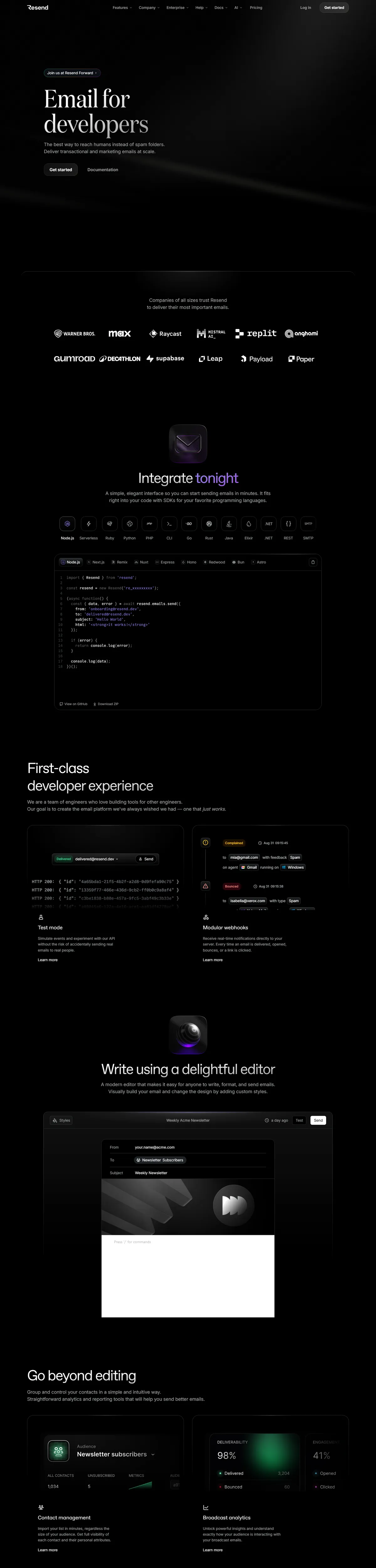 Full page of resend.com